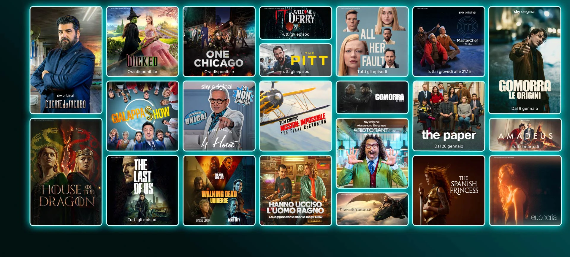 Mosaico di contenuti in streaming come The Last of Us stagione 2, And Just Like That stagione 3, Money Road, Roland Garros 2025, Formula 1 e finali Champions League e Conference League
