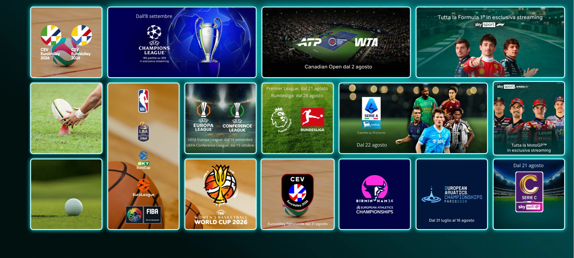 Mosaico di locandine ed eventi sportivi su NOW: ATP Tour, Formula 1, MotoGP, Serie A, Serie C, Premier League, Wimbledon, Europa League, CEV