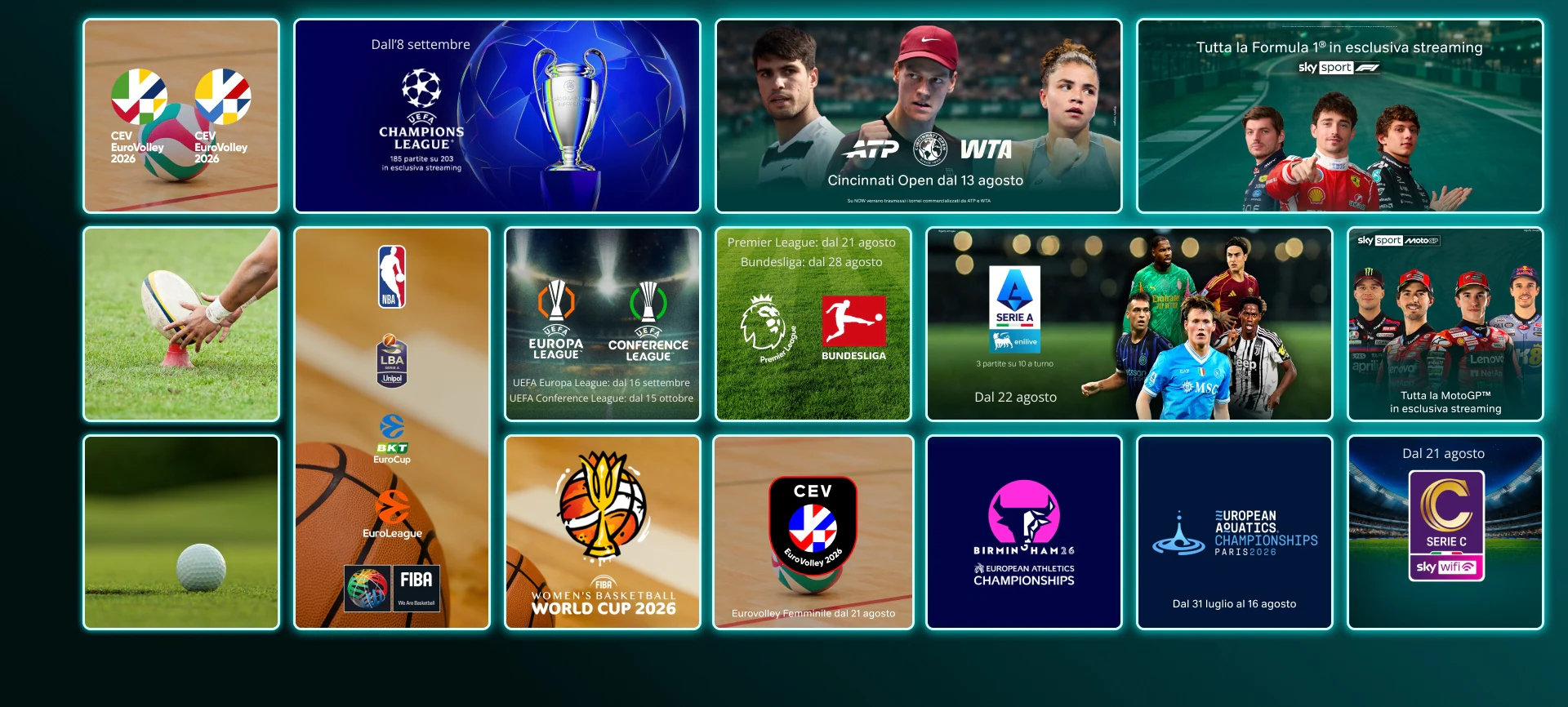 Mosaico di locandine ed eventi sportivi su NOW: ATP Tour, Formula 1, MotoGP, Serie A, Serie C, Premier League, Wimbledon, Europa League, CEV