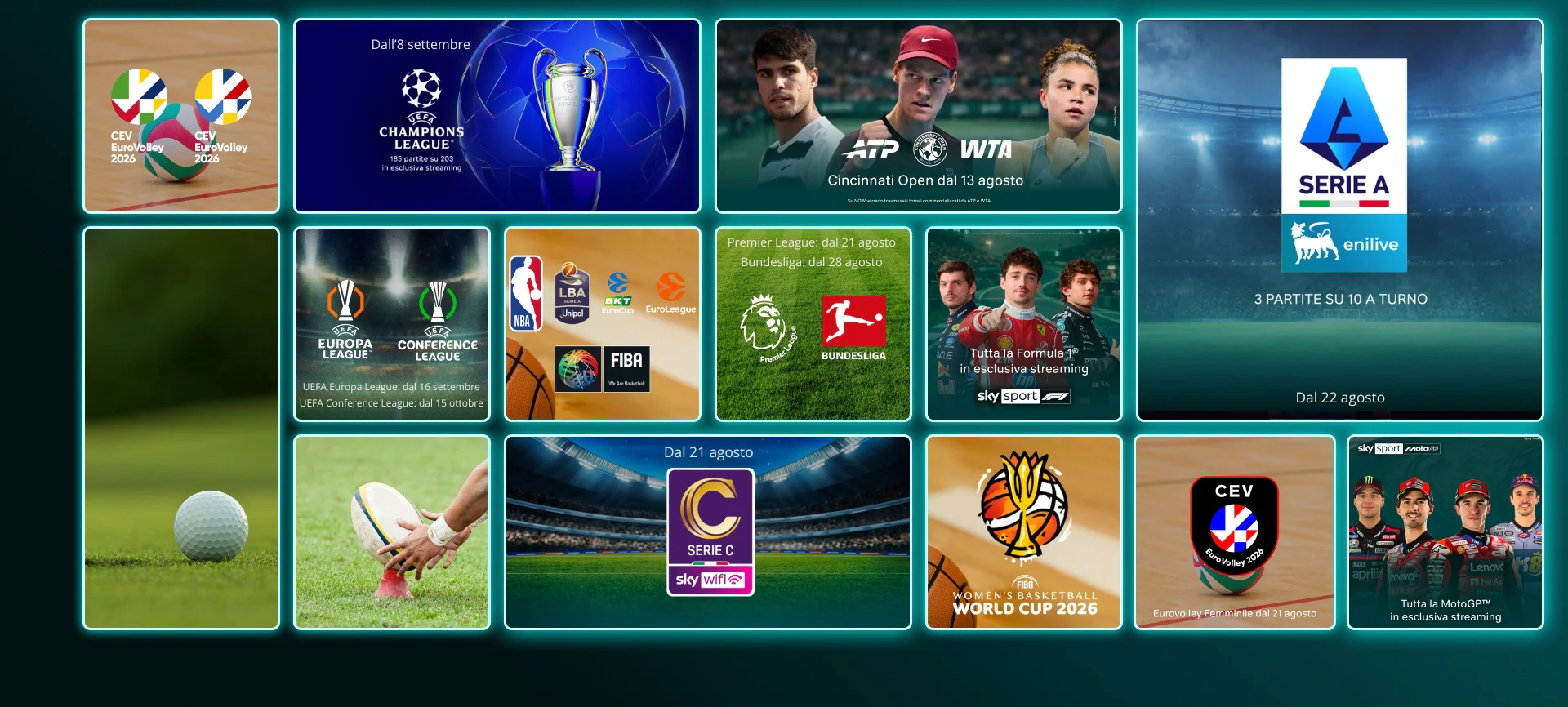 Mosaico di locandine ed eventi sportivi su NOW: ATP Tour, Formula 1, MotoGP, Serie A, Serie C, Premier League, Wimbledon, Europa League, CEV