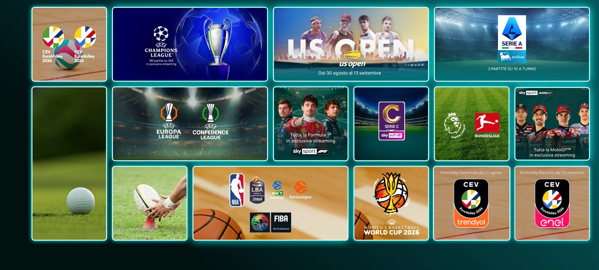 Mosaico di locandine ed eventi sportivi su NOW: ATP Tour, Formula 1, MotoGP, Serie A, Serie C, Premier League, Wimbledon, Europa League, CEV