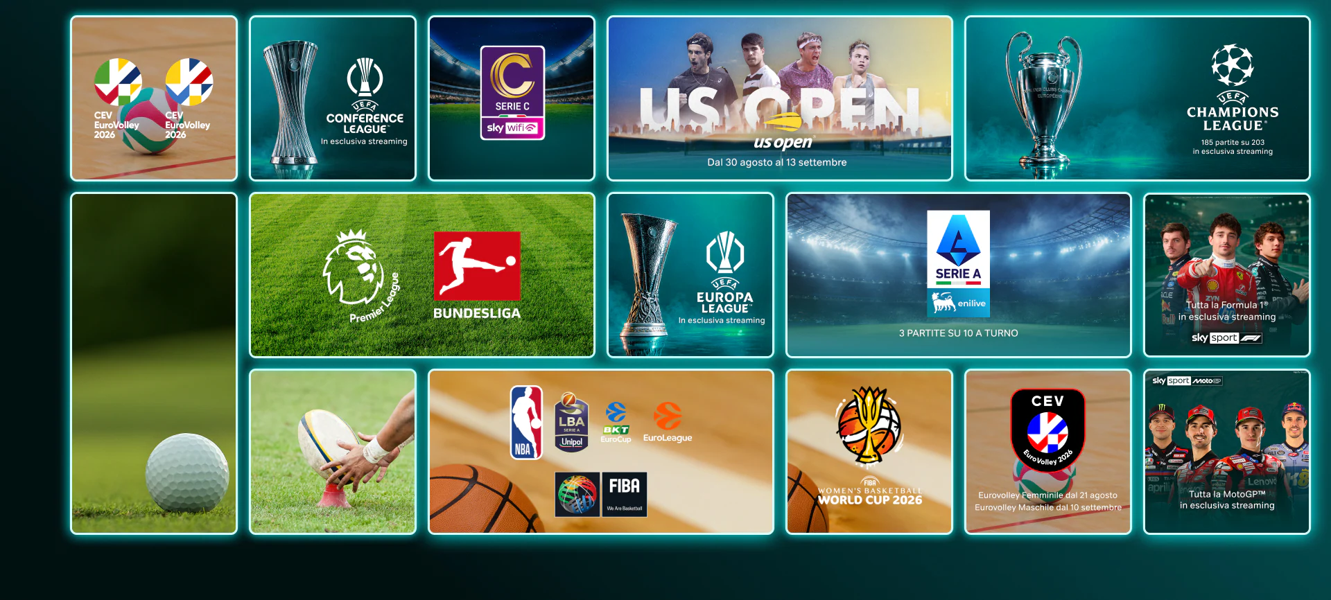 Mosaico di locandine ed eventi sportivi su NOW: ATP Tour, Formula 1, MotoGP, Serie A, Serie C, Premier League, Wimbledon, Europa League, CEV