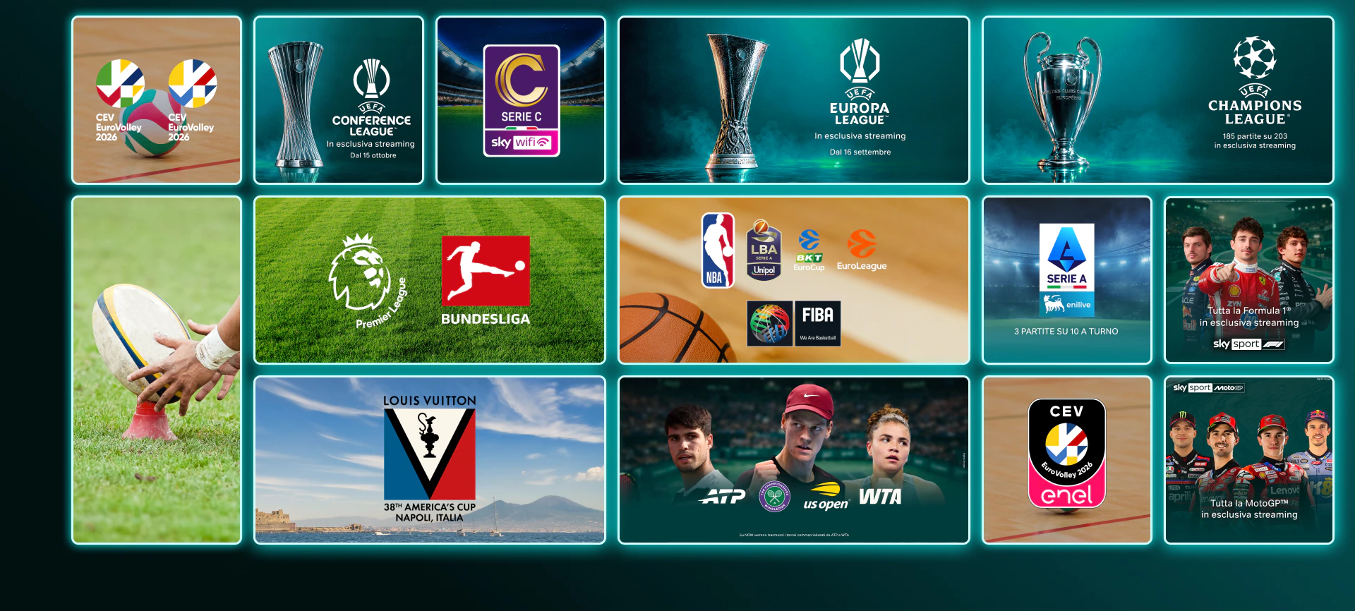 Mosaico di locandine ed eventi sportivi su NOW: ATP Tour, Formula 1, MotoGP, Serie A, Serie C, Premier League, Wimbledon, Europa League, CEV