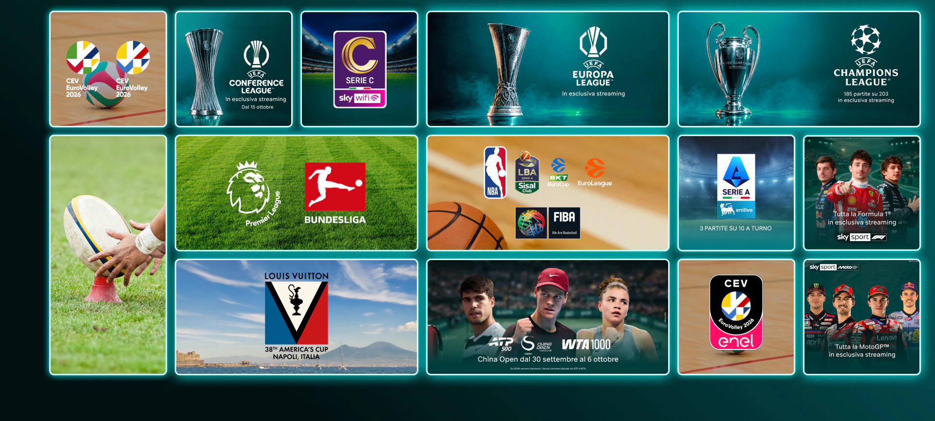 Mosaico di locandine ed eventi sportivi su NOW: ATP Tour, Formula 1, MotoGP, Serie A, Serie C, Premier League, Wimbledon, Europa League, CEV