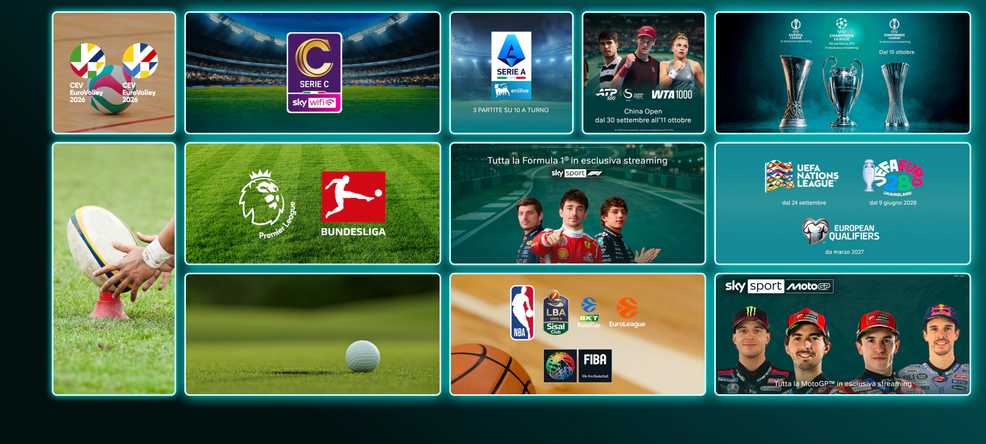 Mosaico di locandine ed eventi sportivi su NOW: ATP Tour, Formula 1, MotoGP, Serie A, Serie C, Premier League, Wimbledon, Europa League, CEV