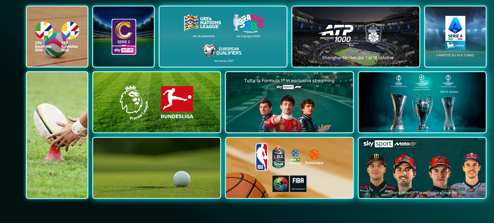 Mosaico di locandine ed eventi sportivi su NOW: ATP Tour, Formula 1, MotoGP, Serie A, Serie C, Premier League, Wimbledon, Europa League, CEV