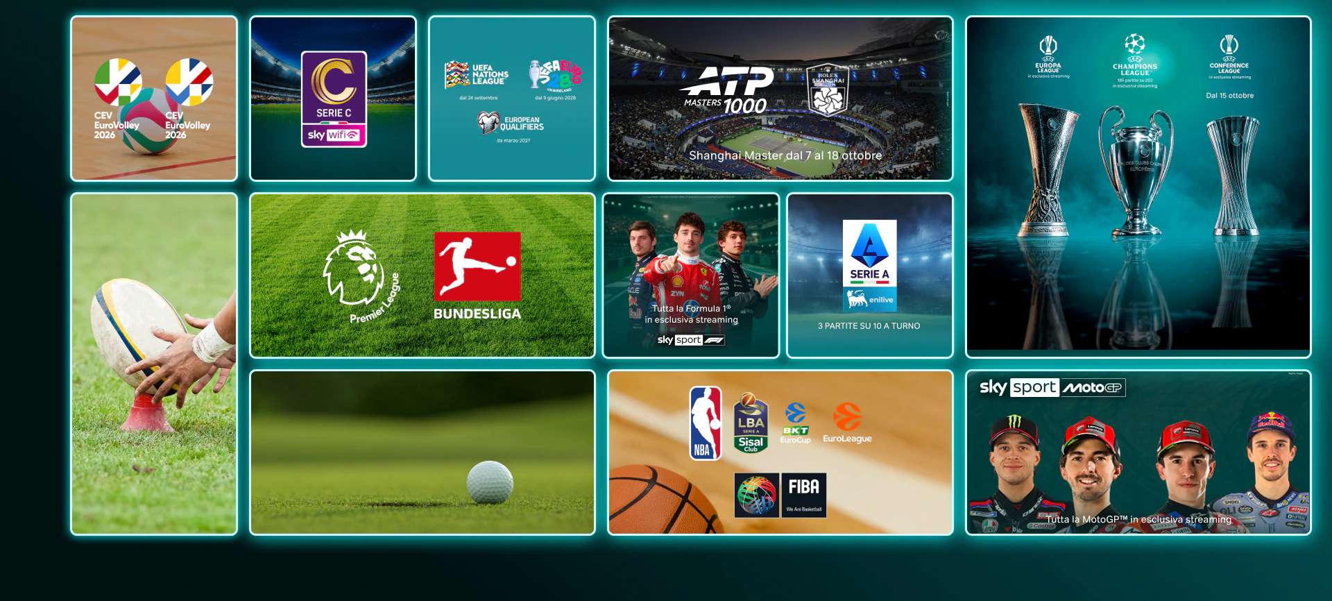 Mosaico di locandine ed eventi sportivi su NOW: ATP Tour, Formula 1, MotoGP, Serie A, Serie C, Premier League, Wimbledon, Europa League, CEV