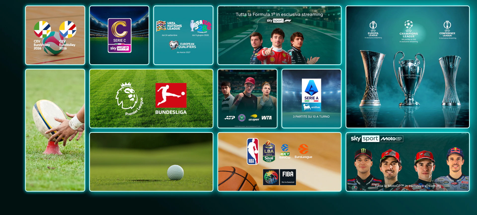 Mosaico di locandine ed eventi sportivi su NOW: ATP Tour, Formula 1, MotoGP, Serie A, Serie C, Premier League, Wimbledon, Europa League, CEV