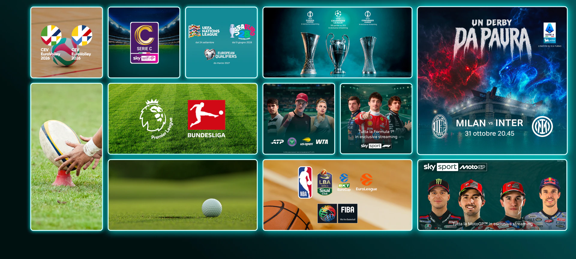 Mosaico di locandine ed eventi sportivi su NOW: ATP Tour, Formula 1, MotoGP, Serie A, Serie C, Premier League, Wimbledon, Europa League, CEV