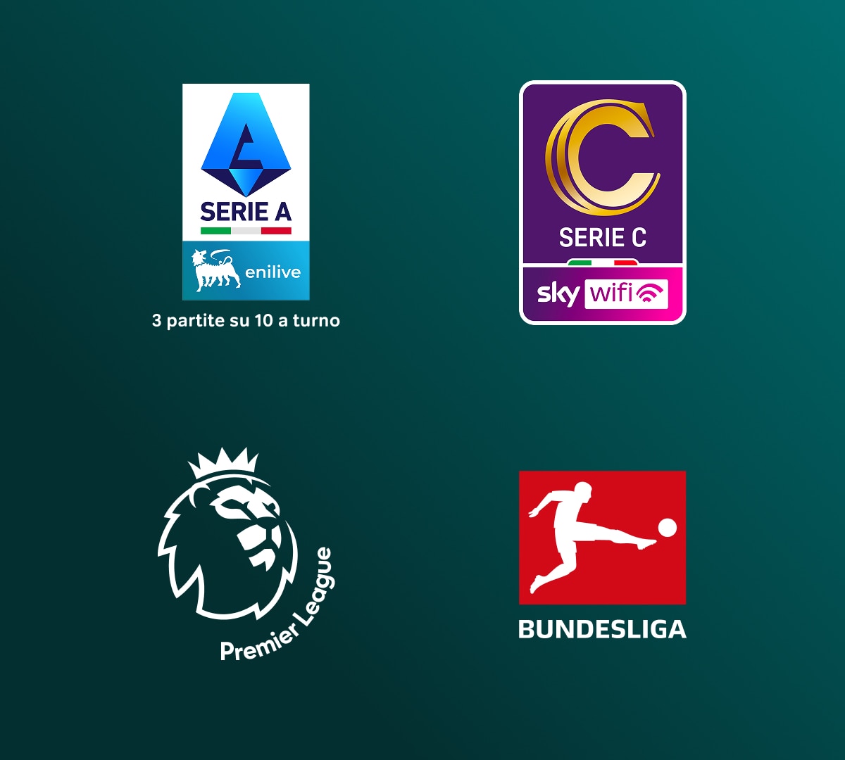 Campionati nazionali come Serie A Enilive, Serie C NOW, Premier League e Bundesliga